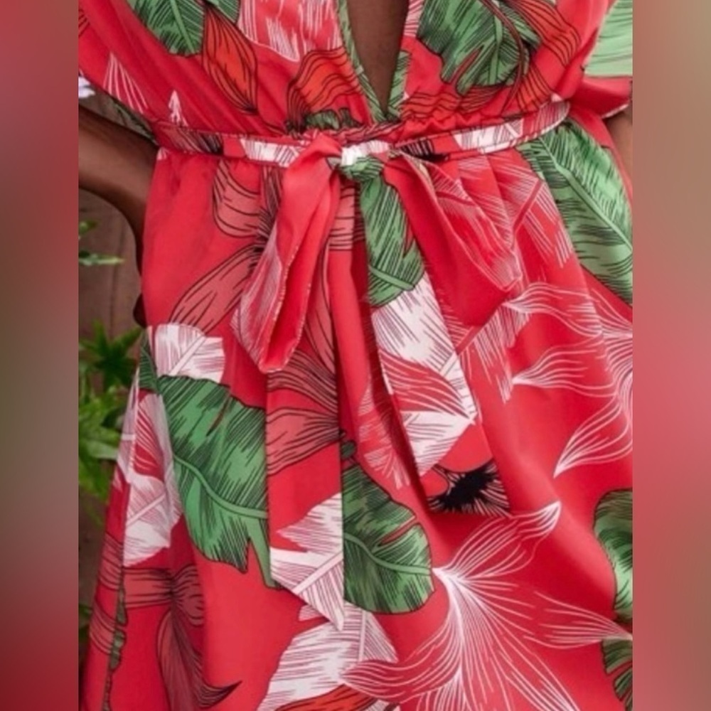 Tropical Print Dolman Sleeve Plunging Neck Belted Dress - Picture 9 of 9